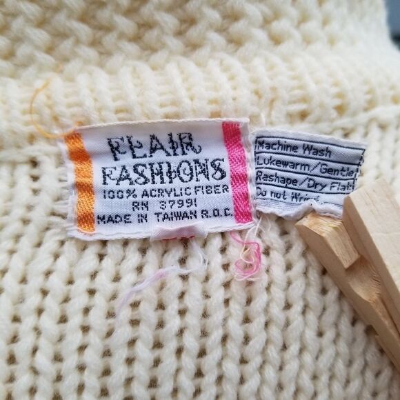 Vintage 70s Pastel Dots Cream Acrylic Fisherman Button Down Cardigan Sweater Lg - Picture 8 of 9